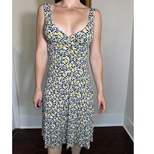 Boden Willa Floral V-Neck Jersey Dress Blue Yellow Dots Size 4